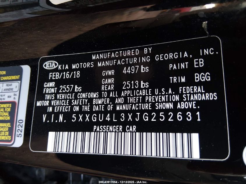 2018 Kia Optima Ex VIN: 5XXGU4L3XJG252631 Lot: 43917054