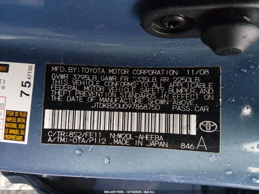 2009 Toyota Prius VIN: JTDKB20U097868750 Lot: 43917055