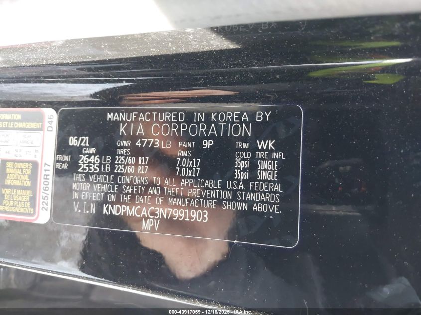 2022 Kia Sportage Lx Awd Lx VIN: KNDPMCAC3N7991903 Lot: 43917059