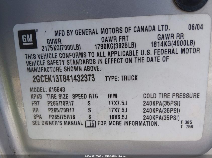 2004 Chevrolet Silverado 1500 Z71 VIN: 2GCEK13T841432373 Lot: 43917066