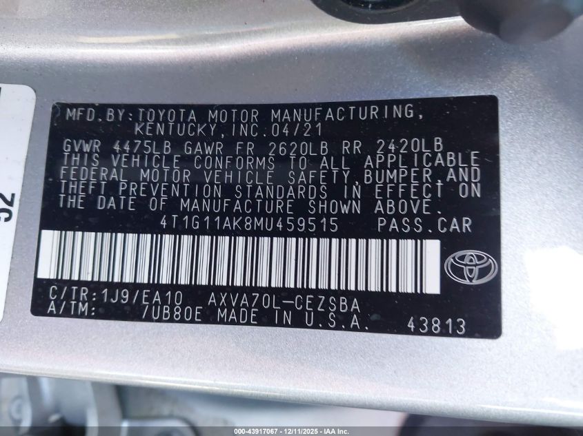 2021 Toyota Camry Se VIN: 4T1G11AK8MU459515 Lot: 43917067