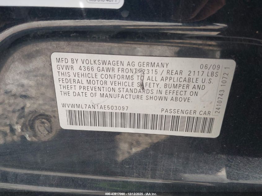 2010 Volkswagen Cc Sport VIN: WVWML7AN1AE503097 Lot: 43917068