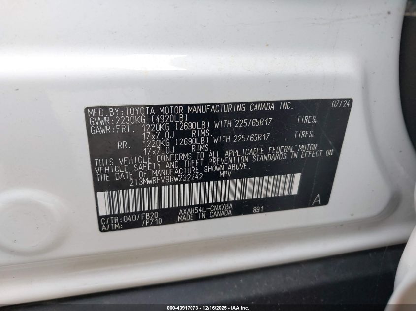 2024 Toyota Rav4 Hybrid Le VIN: 2T3MWRFV9RW232242 Lot: 43917073