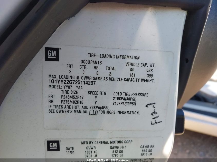 2002 Chevrolet Corvette VIN: 1G1YY22G725114237 Lot: 43917077