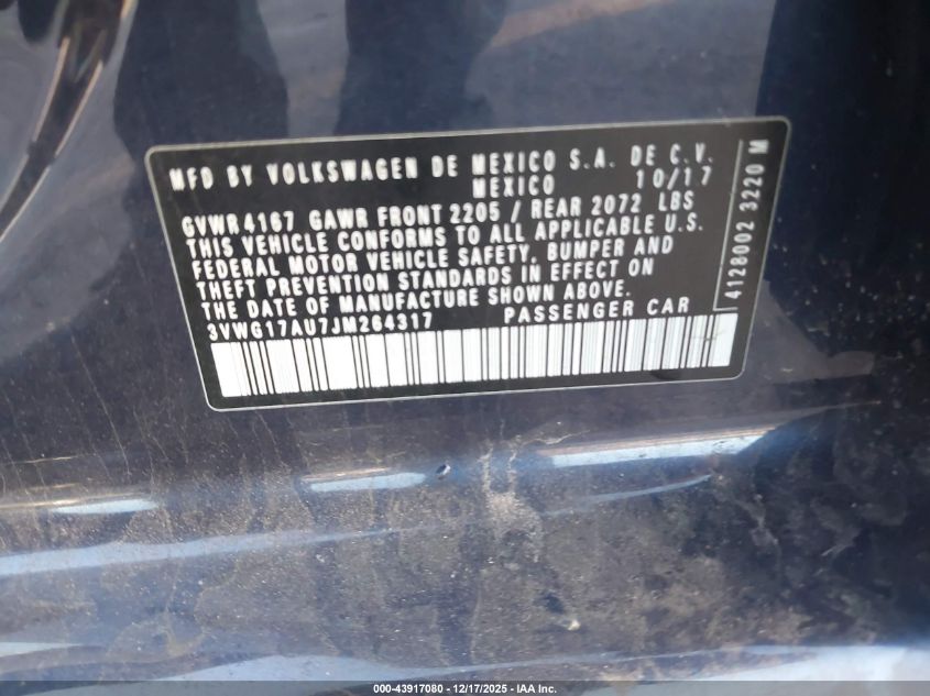 2018 Volkswagen Golf Tsi S/Tsi Se VIN: 3VWG17AU7JM264317 Lot: 43917080