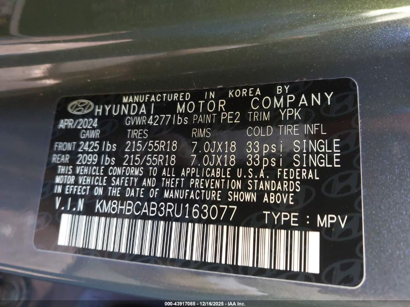 2024 Hyundai Kona Sel VIN: KM8HBCAB3RU163077 Lot: 43917085