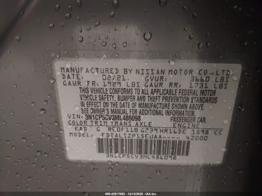 2021 Nissan Kicks Sv Xtronic Cvt VIN: 3N1CP5CV3ML486098 Lot: 43917092