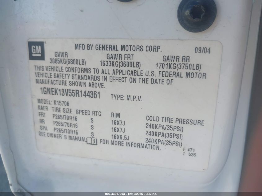 2005 Chevrolet Tahoe Ls VIN: 1GNEK13V55R144361 Lot: 43917093