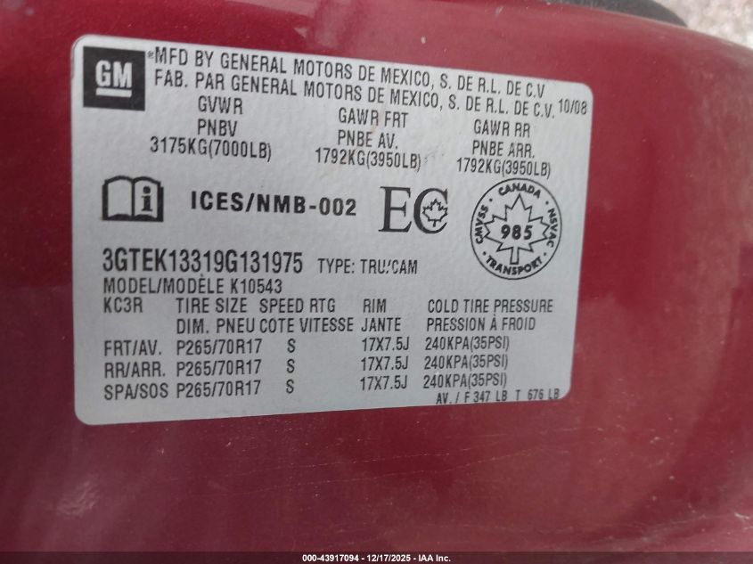 2009 GMC Sierra 1500 Work Truck VIN: 3GTEK13319G131975 Lot: 43917094