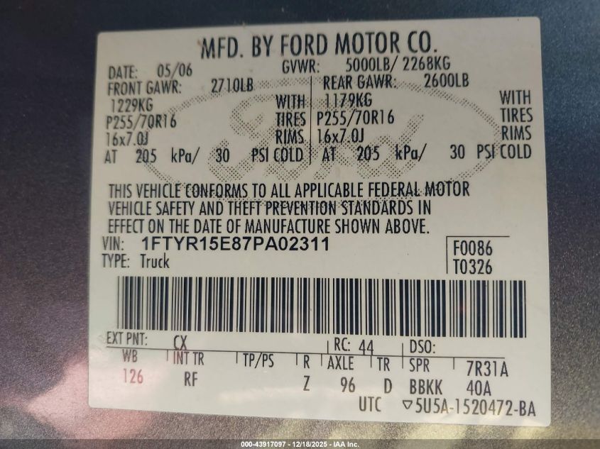 2007 Ford Ranger Fx4 Off-Road/Sport/Xl/Xlt VIN: 1FTYR15E87PA02311 Lot: 43917097