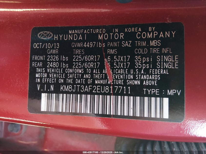 2014 Hyundai Tucson Gls VIN: KM8JT3AF2EU817711 Lot: 43917100