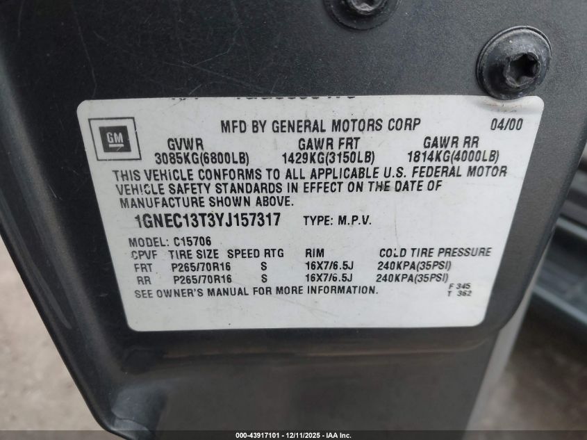 2000 Chevrolet Tahoe All New Ls VIN: 1GNEC13T3YJ157317 Lot: 43917101