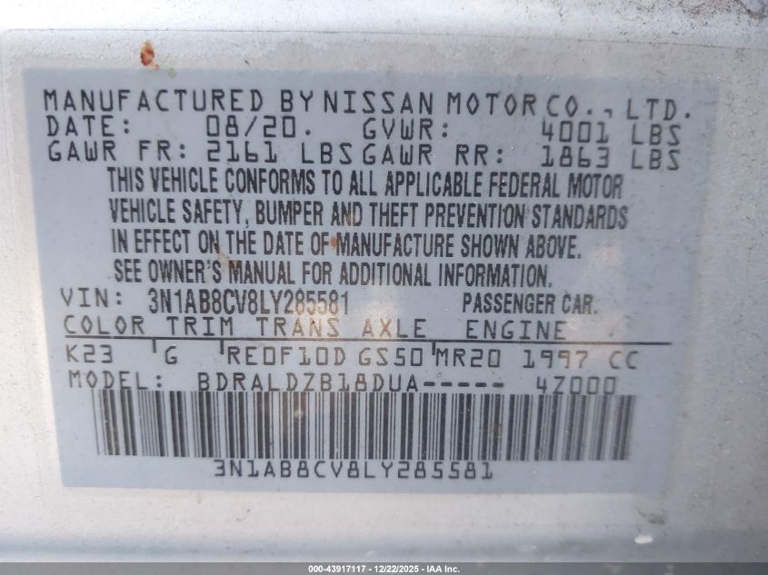 2020 Nissan Sentra Sv Xtronic Cvt VIN: 3N1AB8CV8LY285581 Lot: 43917117