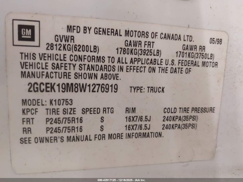 1998 Chevrolet K1500 Fleetside/Silverado Fleetside/Sportside VIN: 2GCEK19M8W1276919 Lot: 43917129