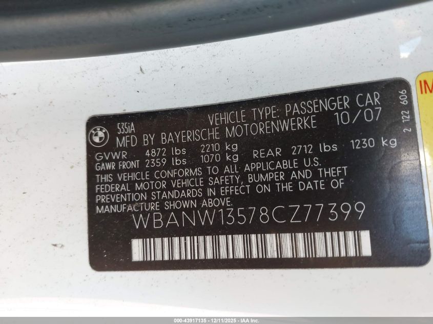 2008 BMW 535I VIN: WBANW13578CZ77399 Lot: 43917135