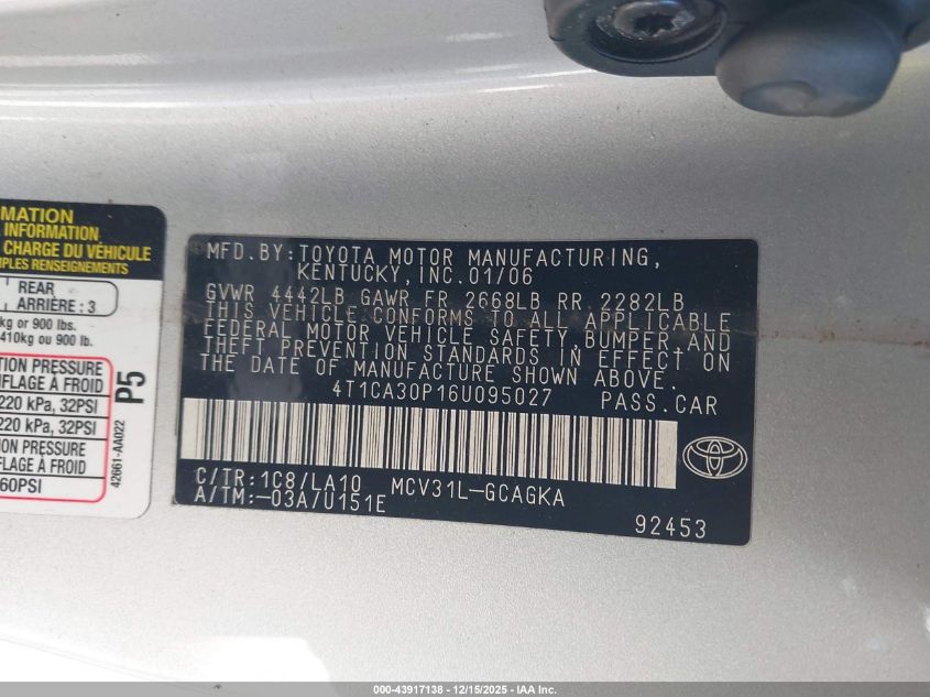 2006 Toyota Camry Solara Sle V6 VIN: 4T1CA30P16U095027 Lot: 43917138