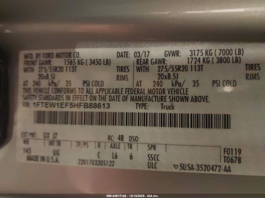 2017 Ford F-150 Xlt VIN: 1FTEW1EF5HFB88613 Lot: 43917140