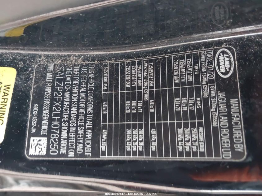 2020 Land Rover Range Rover Evoque Se VIN: SALZP2FX2LH078250 Lot: 43917147