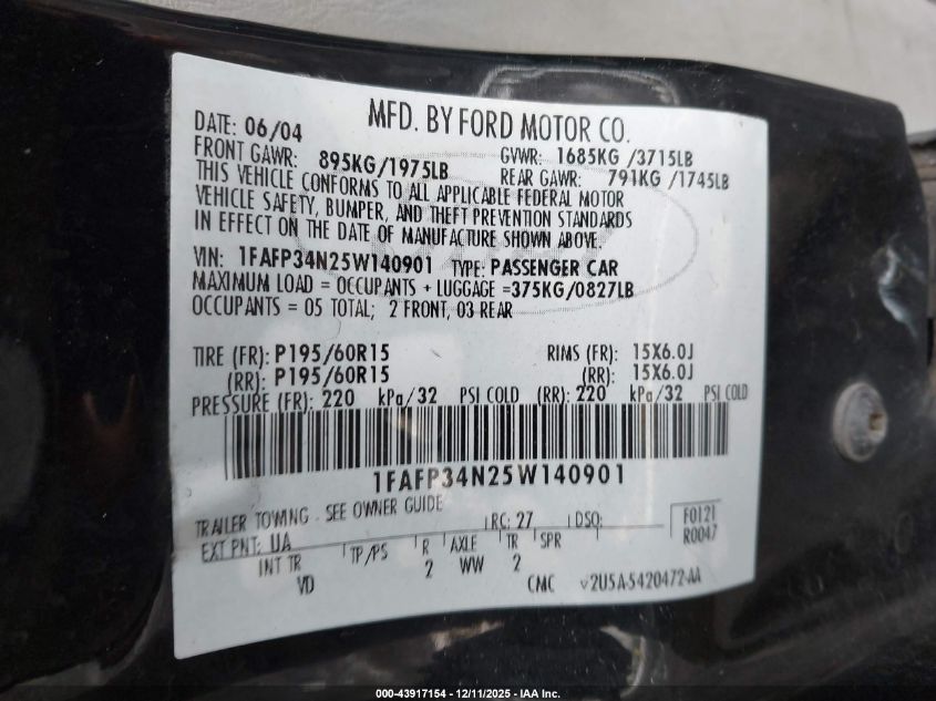 2005 Ford Focus Zx4 VIN: 1FAFP34N25W140901 Lot: 43917154