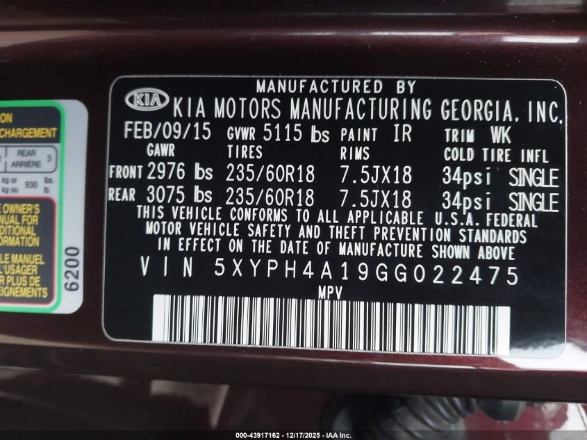 2016 Kia Sorento 2.0T Ex VIN: 5XYPH4A19GG022475 Lot: 43917162