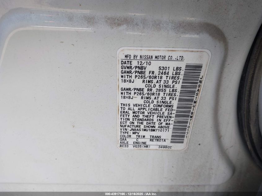 2011 Infiniti Fx35 VIN: JN8AS1MU1BM710171 Lot: 43917166