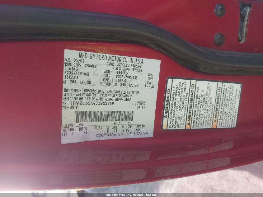 2003 Ford Explorer Xls VIN: 1FMZU62K43ZB23969 Lot: 43917180