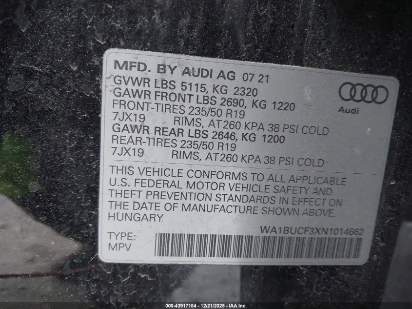 2022 Audi Q3 Premium Plus 40 Tfsi Quattro Tiptronic VIN: WA1BUCF3XN1014662 Lot: 43917184