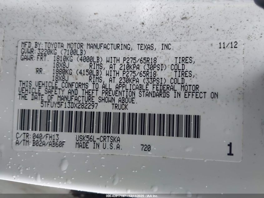 2013 Toyota Tundra Grade 5.7L V8 VIN: 5TFUY5F13DX282297 Lot: 43917187