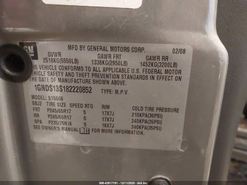 2008 Chevrolet Trailblazer Lt VIN: 1GNDS13S182220852 Lot: 43917191
