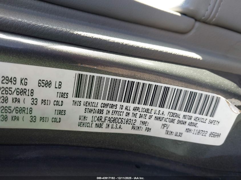 2013 Jeep Grand Cherokee Laredo VIN: 1C4RJFAG0DC610312 Lot: 43917192