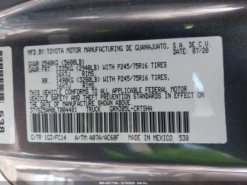 2020 Toyota Tacoma Sr5 V6 VIN: 3TYSZ5AN0LT004481 Lot: 43917194