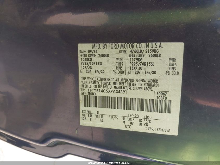 1999 Ford Ranger Xl/Xlt VIN: 1FTYR14C5XPA34391 Lot: 43917196