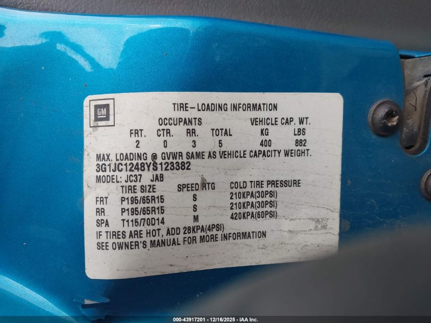 2000 Chevrolet Cavalier VIN: 3G1JC1248YS123382 Lot: 43917201