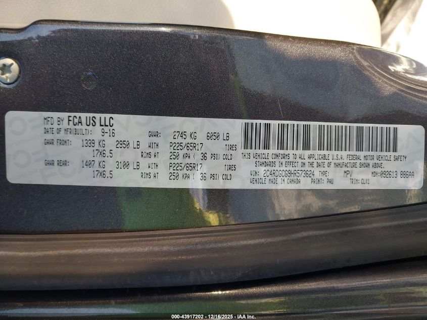 2017 Dodge Grand Caravan Sxt VIN: 2C4RDGCG9HR573624 Lot: 43917202