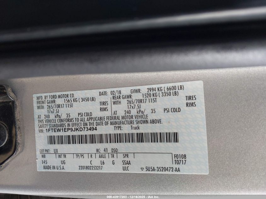 2018 Ford F-150 Xlt VIN: 1FTEW1EP9JKD73494 Lot: 43917203