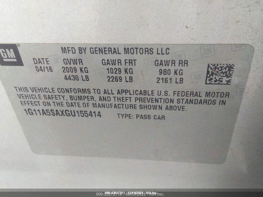 2016 Chevrolet Malibu Limited 1Fl VIN: 1G11A5SAXGU155414 Lot: 43917211