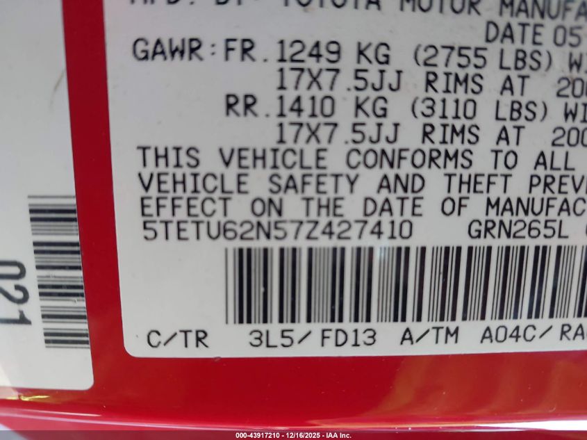 2007 Toyota Tacoma Prerunner V6 VIN: 5TETU62N57Z427410 Lot: 43917210