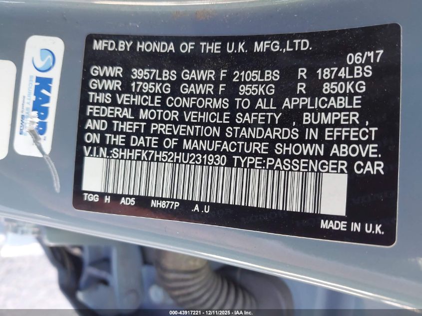 2017 Honda Civic Ex VIN: SHHFK7H52HU231930 Lot: 43917221