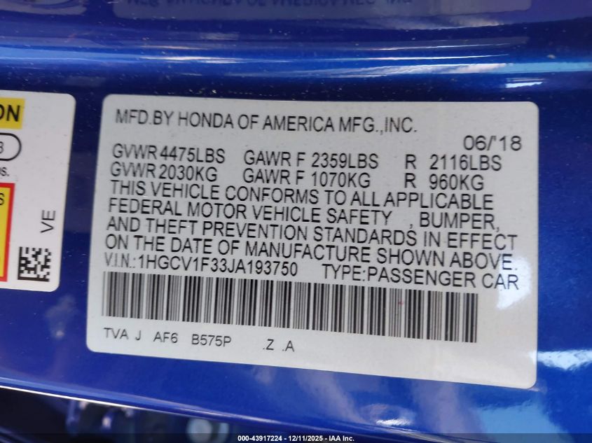 2018 Honda Accord Sport VIN: 1HGCV1F33JA193750 Lot: 43917224