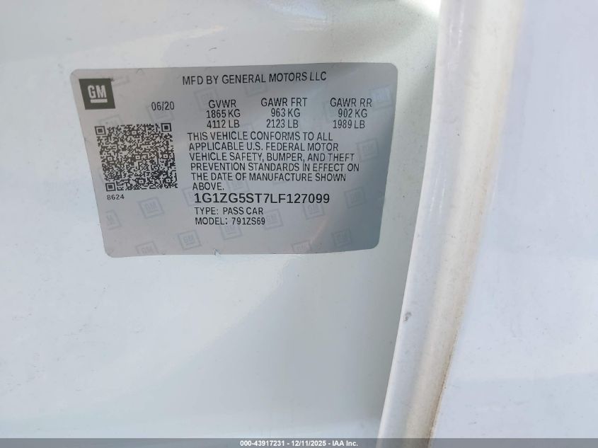 2020 Chevrolet Malibu Fwd Rs VIN: 1G1ZG5ST7LF127099 Lot: 43917231
