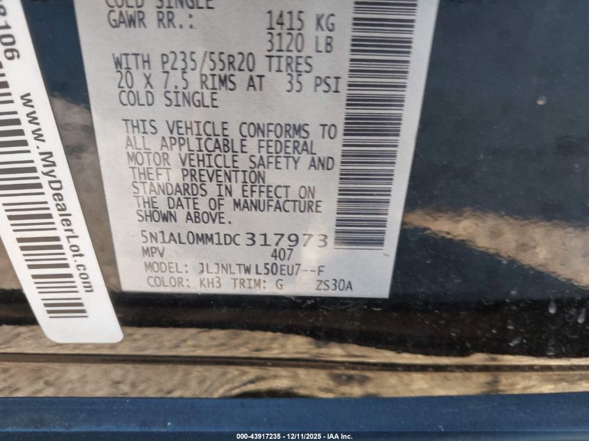 2013 Infiniti Jx35 VIN: 5N1AL0MM1DC317973 Lot: 43917235