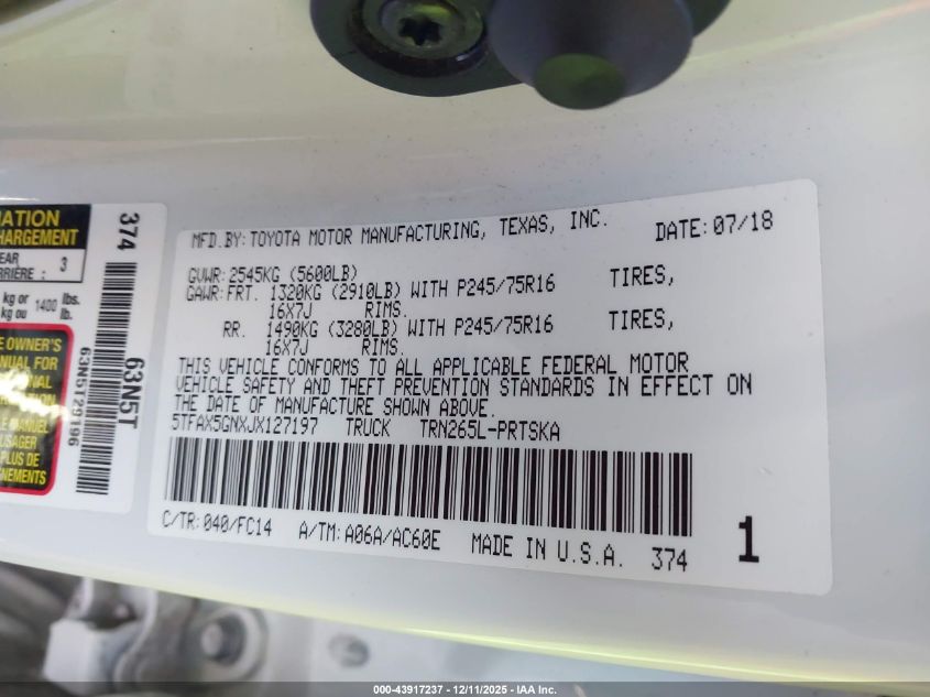 2018 Toyota Tacoma Sr5 VIN: 5TFAX5GNXJX127197 Lot: 43917237