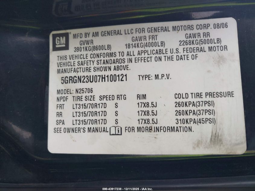 2007 Hummer H2 Suv VIN: 5GRGN23U07H100121 Lot: 43917238