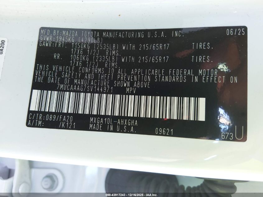 2025 Toyota Corolla Cross Le VIN: 7MUCAAAG7SV144971 Lot: 43917243