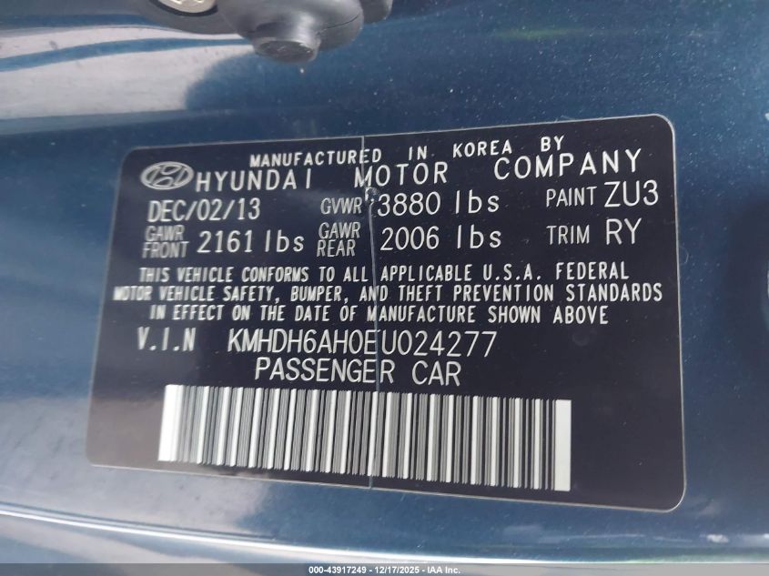 2014 Hyundai Elantra VIN: KMHDH6AH0EU024277 Lot: 43917249