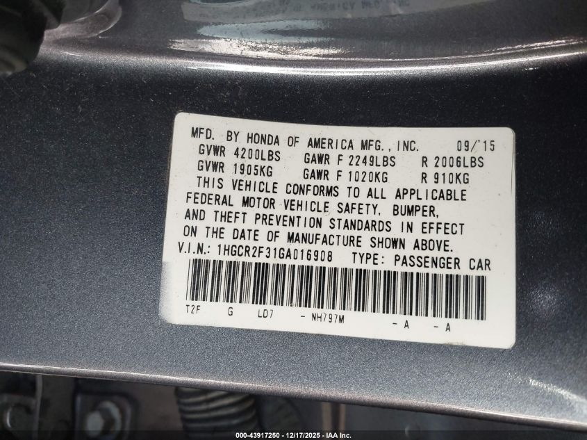 2016 Honda Accord Lx VIN: 1HGCR2F31GA016908 Lot: 43917250