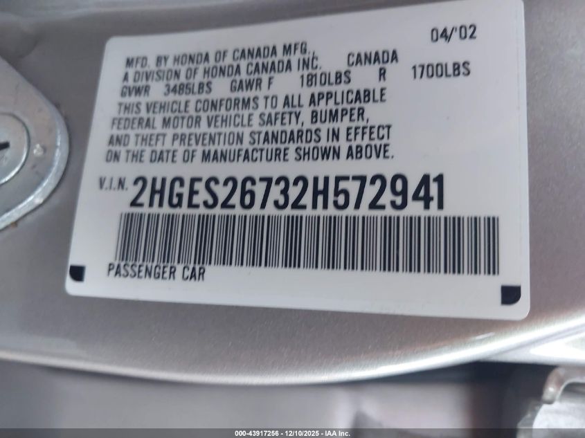 2002 Honda Civic Ex VIN: 2HGES26732H572941 Lot: 43917256
