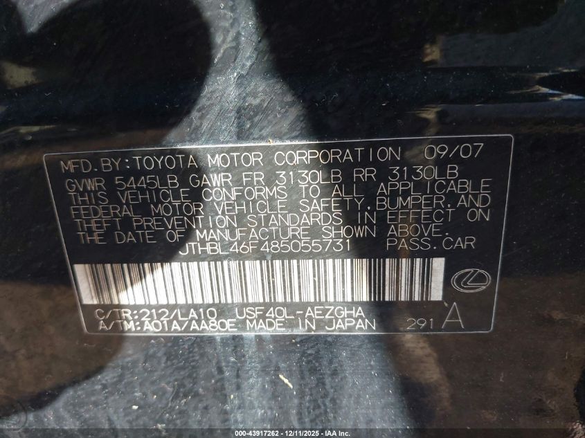 2008 Lexus Ls 460 VIN: JTHBL46F485055731 Lot: 43917262