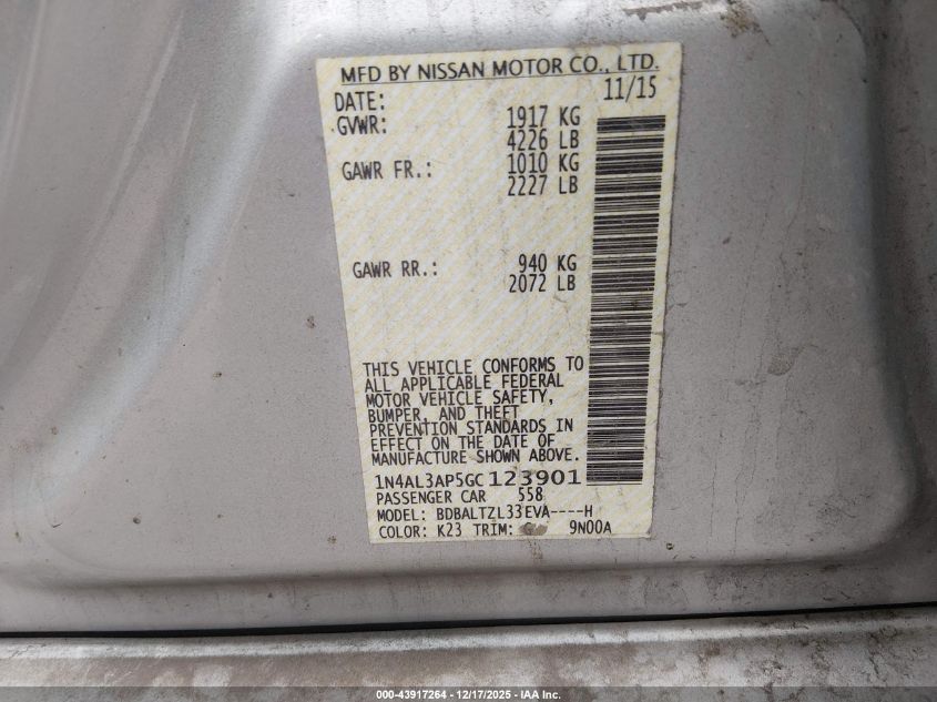 2016 Nissan Altima 2.5 Sl VIN: 1N4AL3AP5GC123901 Lot: 43917264