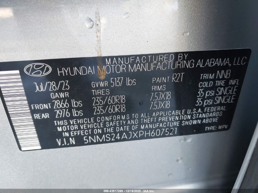 2023 Hyundai Santa Fe Sel VIN: 5NMS24AJXPH607521 Lot: 43917268